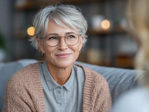 Close-up of smiling senior woman with short gray hair wearing glasses and casual sweater in warm indoor setting