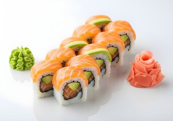 Clean composition of Japanese sushi rolls with fresh salmon slices, avocado, and sticky rice, neatly aligned on a plain white surface, garnished with wasabi and ginger