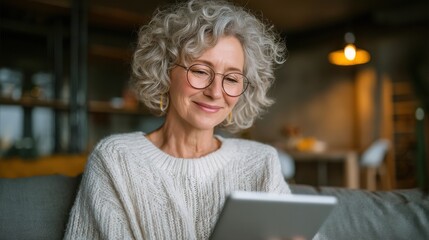 Joyful senior woman with curly gray hair and glasses enjoying contentment while using a tablet in cozy modern home