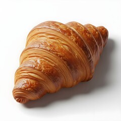 Ultra-detailed close-up of a golden-brown croissant with flaky, layered pastry texture, slightly glossy surface from butter glaze, placed at an elegant angle on a seamless pure white background