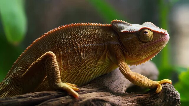 Chameleon changing colors on a branch