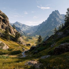 Fototapeta premium Scenic vista of a mountain valley with trees, meadows, and a stream under a blue sky