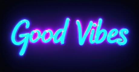 Obraz premium Bright neon text displays Good Vibes against dark purple background. Vivid colors create energetic, positive feeling. Simple design.