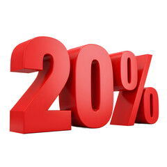 Bold red 3 D numbers twenty percent with percentage symbol isolated on a transparent background image