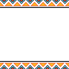 This is a seamless pattern with a repeating design featuring geometric shapes and stylized figures in rows. The color palette includes dark blue, burnt orange, yellow, and white.