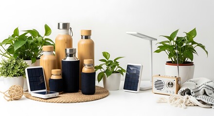 Illustration of a collection of ecofriendly, sustainable bamboo products promotes a zerowaste lifestyle on a clean white table
