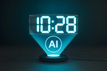 digital analog clock display, futuristic clock interface with Al text, glowing illuminated display, minimalist industrial design, 3D