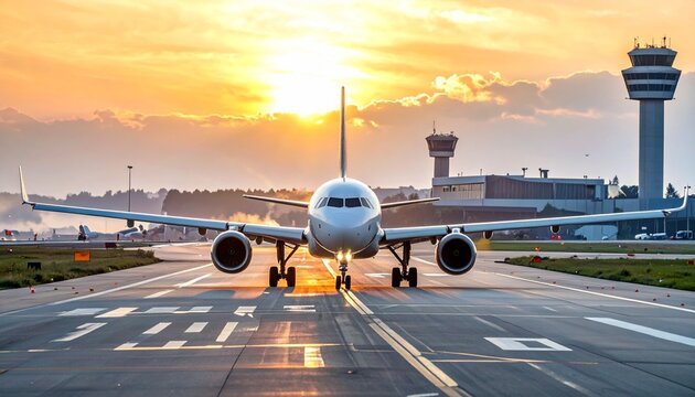Airplane taking off from runway at sunset, control tower and airport buildings in the background.
