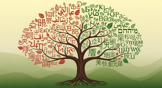 A stylized tree illustration with leaves replaced by diverse scripts in red and green hues The trees trunk and roots are realistically depicted