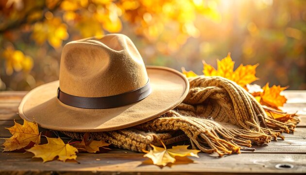 Sombrero de ala ancha y bufanda de lana sobre mesa de madera, hojas oto&ntilde;ales alrededor