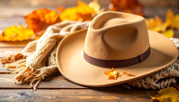 Sombrero de ala ancha y bufanda de lana sobre mesa de madera, hojas oto&ntilde;ales alrededor