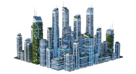 Illustration of a futuristic city skyline with green buildings and solar panels isolated on white background