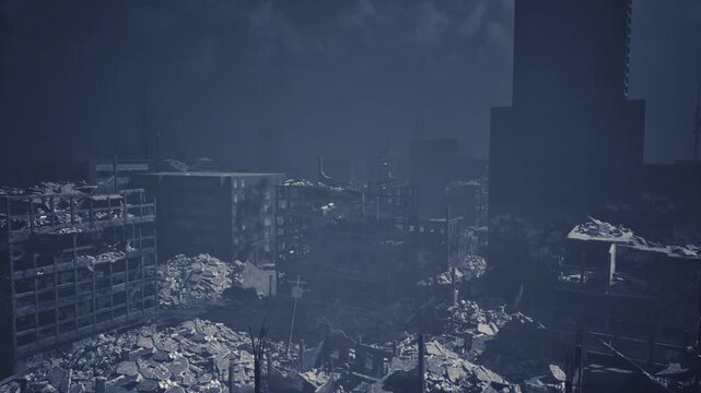 Devastation fills the urban environment as crumbling buildings and debris dominate the area. The dark atmosphere suggests a recent catastrophic event, leaving destruction in its wake.