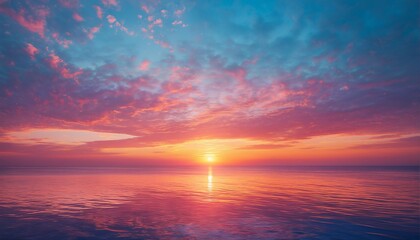 Obraz premium a vibrant and expansive sunset casts fiery orange and pink hues across the calm ocean and textured sky.