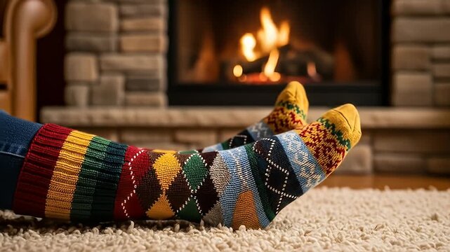 Legs in colorful argyle socks stretch toward a fireplace on a cozy cream rug