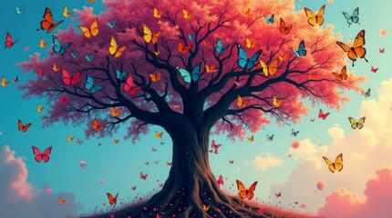 Pink tree with colorful butterflies blue orange