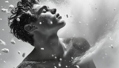 a striking black and white portrait captures a man with wet hair and skin, looking upwards as white particles fall around him, creating a sense of ethereal beauty and vulnerability.