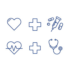 Obraz premium Medical Health Care Icons Set: Heartbeat, Plus Sign, Syringe, Pills, Stethoscope - Modern Line Art Vectors