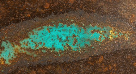 Textured rusty metal surface with streaks of turquoise patina