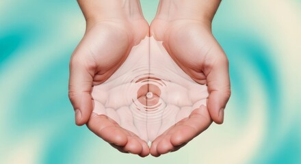 Two hands held open hold rippling water centered against a bluegreen swirl background