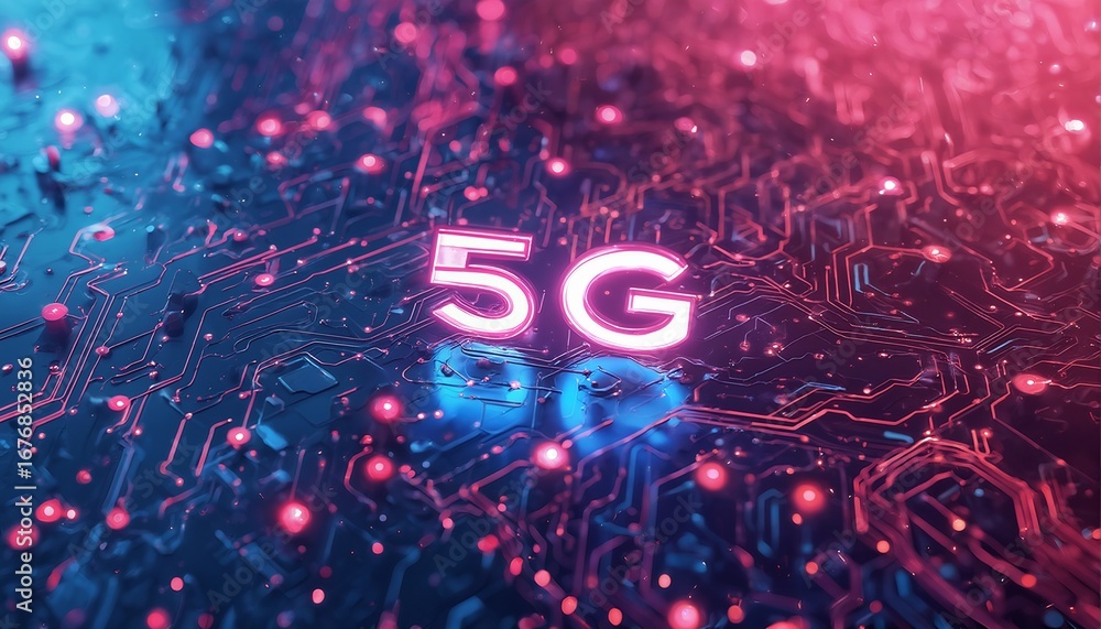 Poster a vibrant digital rendering showcases the ?�?5g?�� symbol illuminated against a complex network of g
