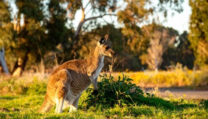 Here's a descriptive prompt you can use for generating an image or writing a story:

**Prompt:**
*A beautiful kangaroo stands gracefully near a patch of lush green grass under the golden afternoon sun