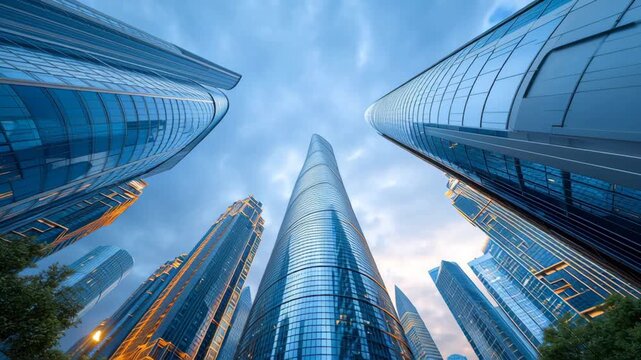 Dramatic upward view of modern skyscrapers reflecting the evening sky, showcasing architectural brilliance and dynamic lighting, creating a captivating urban landscape with a sense of grandeur and dep