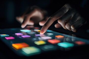 Close-up of hands interacting with glowing tablet