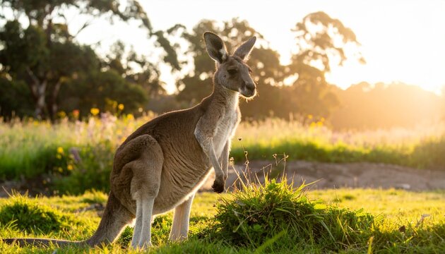 Here's a descriptive prompt you can use for generating an image or writing a story:

**Prompt:**
*A beautiful kangaroo stands gracefully near a patch of lush green grass under the golden afternoon sun