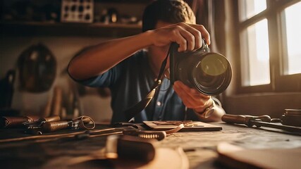 Man holding camera over wooden table with leather tools in warmly lit workshop