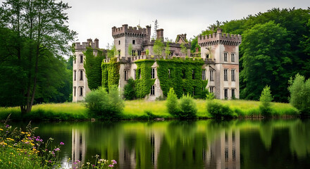 Obraz premium Overgrown castle ruins reflected in the calm water surrounded by lush green foliage on a cloudy day ai generated