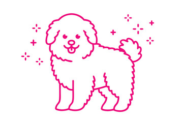 Pink Line Art Style Fluffy Dog on White Background with Sparkling Accents