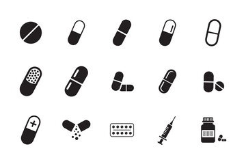 Various black and white medical pills and capsules icons isolated on Clean background