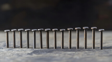 Row of nails standing upright on surface, metallic fasteners aligned in order symbolizing construction strength precision and industry, concept of hardware tools balance durability iron steel building