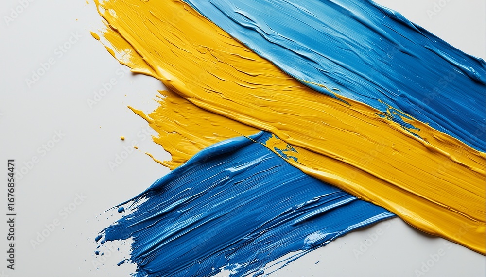 Poster a close-up of thickly applied blue and yellow paint strokes across a white surface creating a vibran