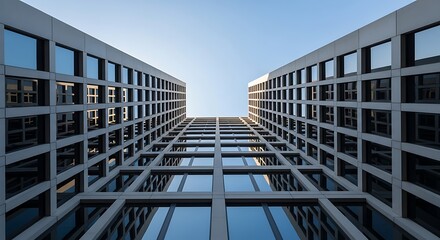 Illustration of an upward view of a modern building facade with a geometric pattern of windows reflecting the sky in an urban setting