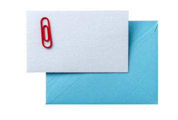 A white paper card with a red paperclip attached, placed over a blue envelope isolated on transparent background