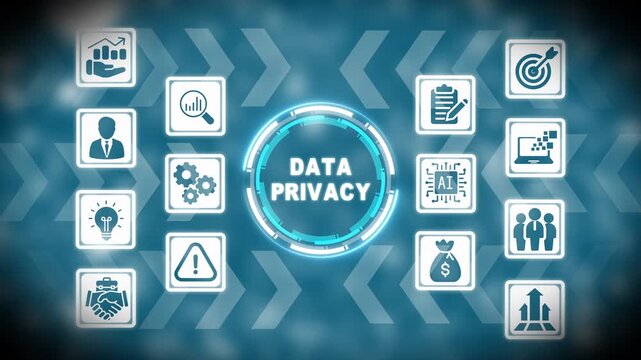 Data privacy concept with icons and glowing blue digital interface on blurred background security protection