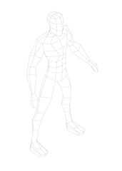 Low poly wireframe man with outstretched arms, muscular superhero physique, determined expression, and dynamic heroic pose against white background.