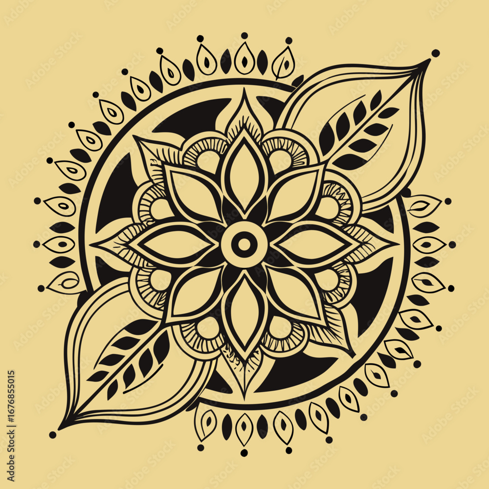 Poster detailed floral mandala with circular accents and leaf patterns on a tan background design element c