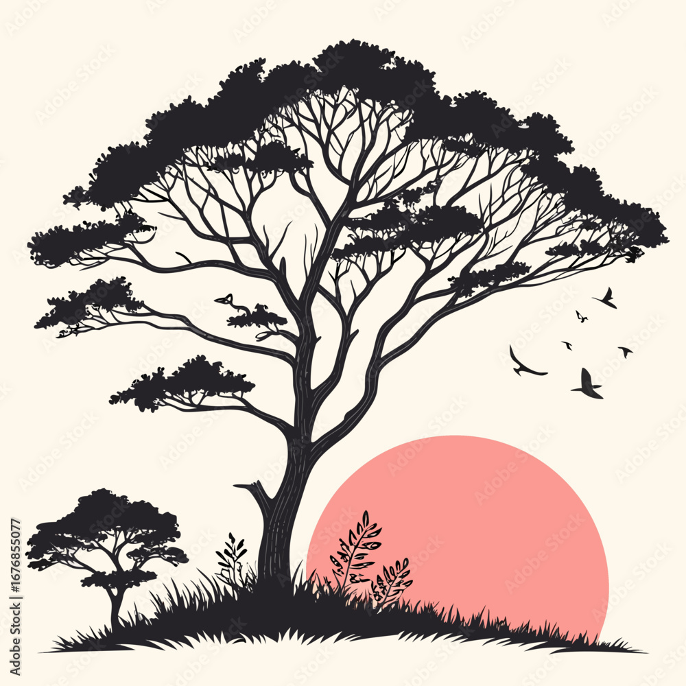 Poster silhouette of a large tree with birds flying around it against a sunset background in a flat style c