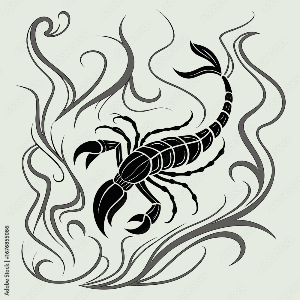 Poster black scorpion with decorative swirls and a segmented body on a light background design art created 