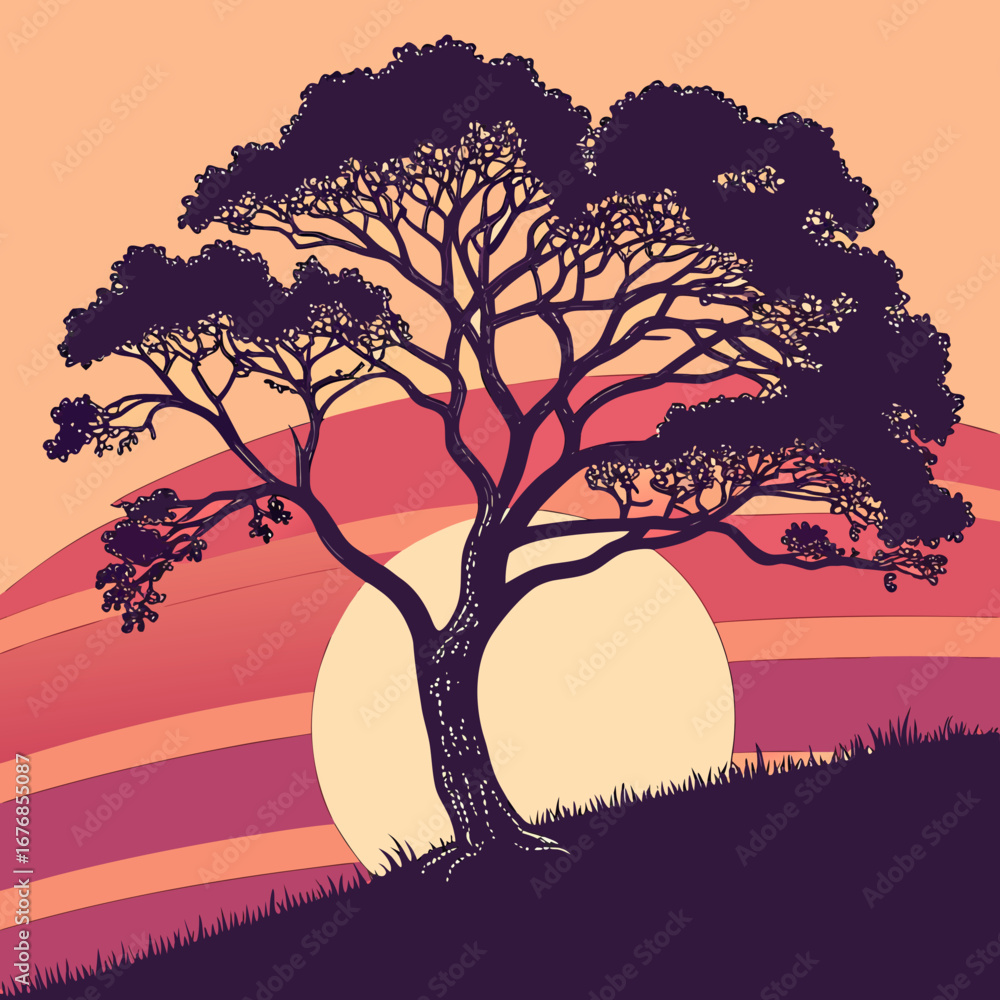 Poster silhouette of a tree on a hill with a sunset background creating a serene and peaceful landscape cre