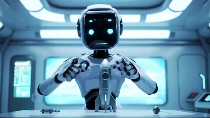  A friendly robot builds a miniature rocket in a futuristic laboratory