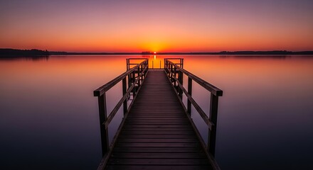 Illustration of a tranquil sunset over a calm lake with a wooden dock stretching into the water