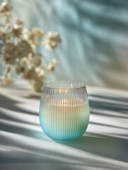 Tapered ribbed glass candle holder in turquoise gradient, frosted base with glossy top for wedding decor, wellness branding, home living, elegant tranquil aesthetic

