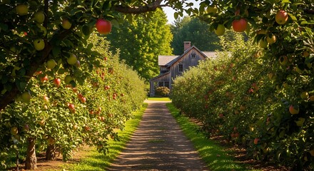 Sunny Apple Orchard Path Leading to a Charming Country House.