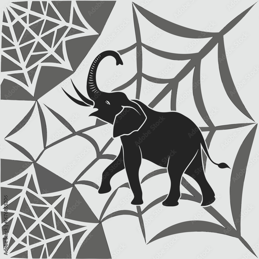 Poster a black elephant stands against a grey geometric background with its trunk raised in the air design 