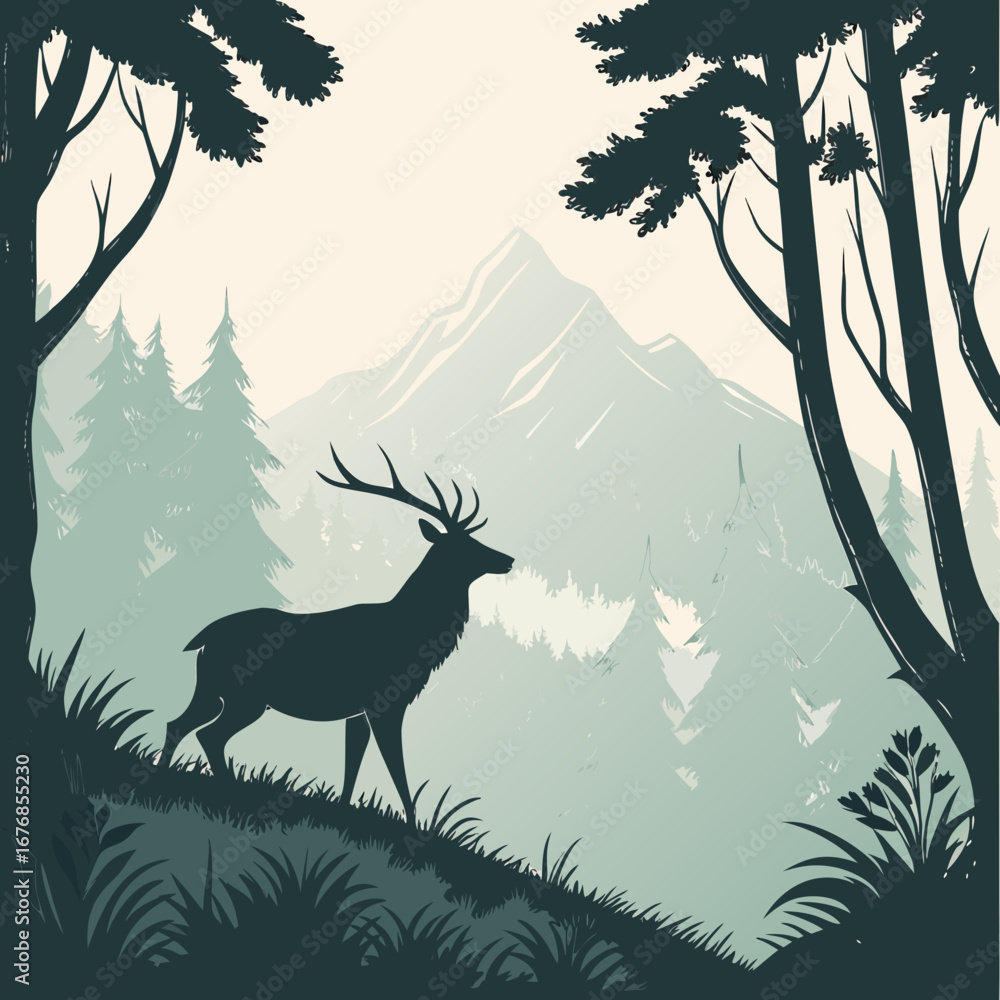 Poster silhouette of a deer in a forest landscape with mountains and trees in a muted color palette artwork