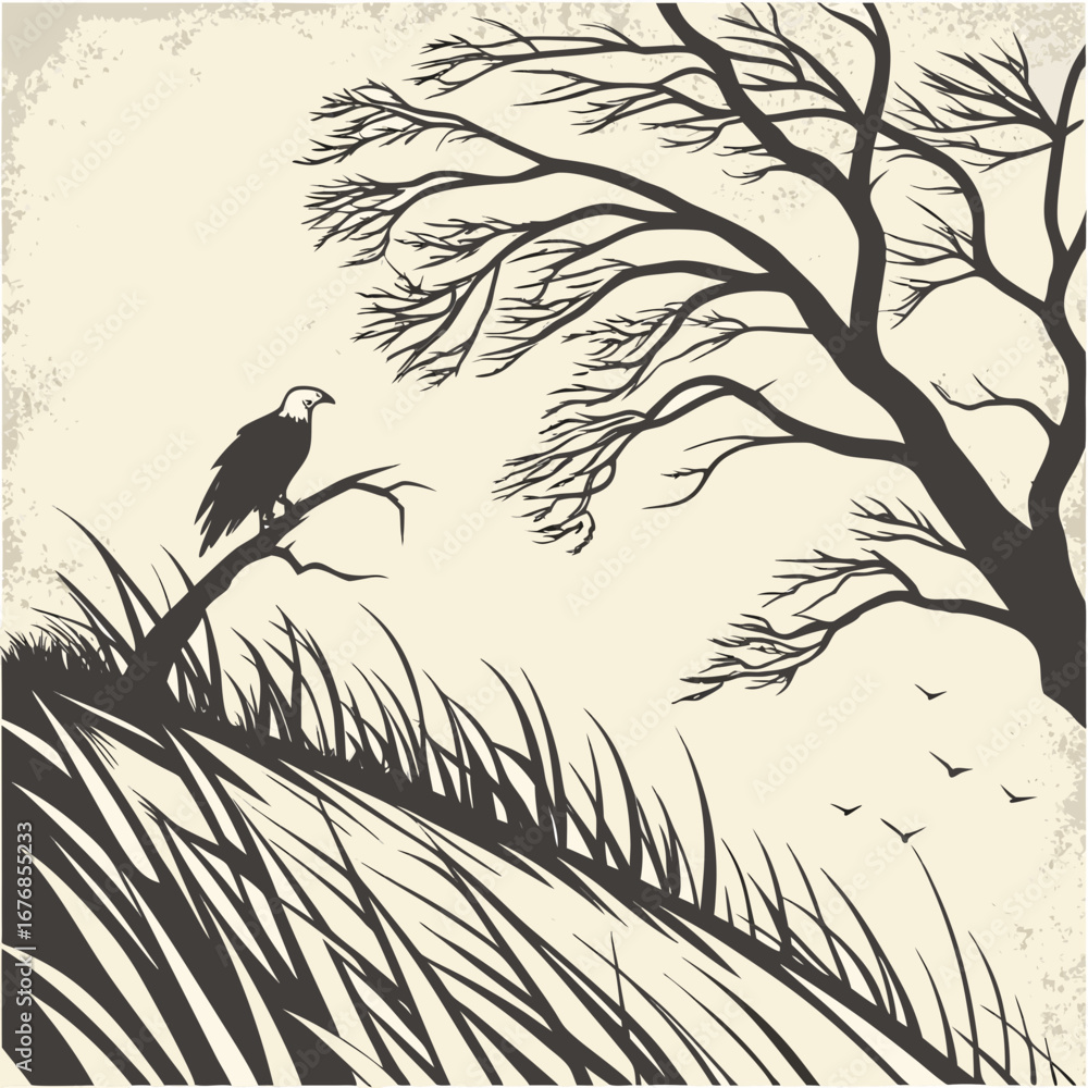Poster eagle perched on a branch with tall grass and a bare tree in a vintage style illustration artwork cr